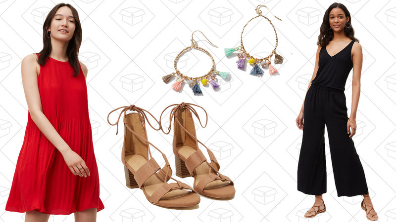 Pleated Swing Dress, $45 | Lace Up Block Sandals, $40 | Tassel Hoop Earrings, $12 | Duet Jumpsuit, $45